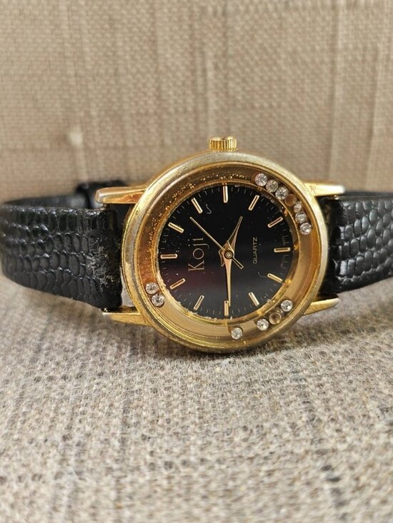 Vintage Koji Women Wristwatch Gold Tone Case Black Genuine Leather Strap Watch main image 5
